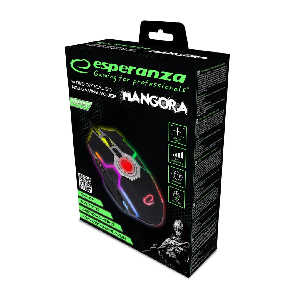 Esperanza EGM701 Gaming miška, žična, LED RGB, 8D optična, USB, Mangora 3