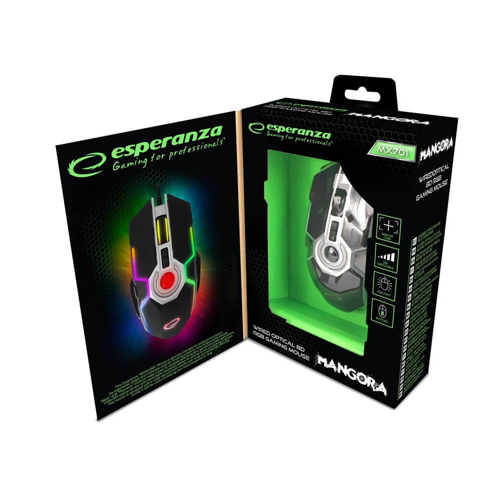 Esperanza EGM701 Gaming miška, žična, LED RGB, 8D optična, USB, Mangora 4