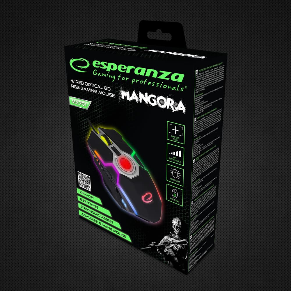 Esperanza EGM701 Gaming miška, žična, LED RGB, 8D optična, USB, Mangora 7