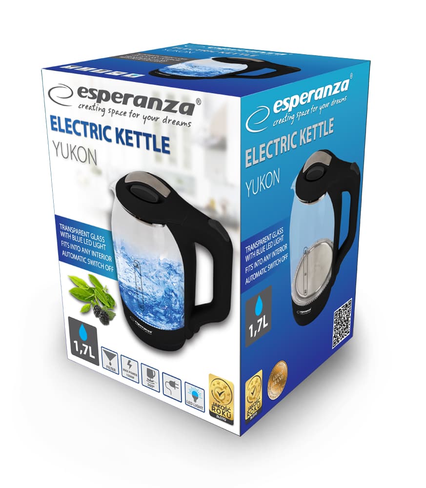 Esperanza stekleni električni čajnik Yukon LED, 1.7 L, črn 6