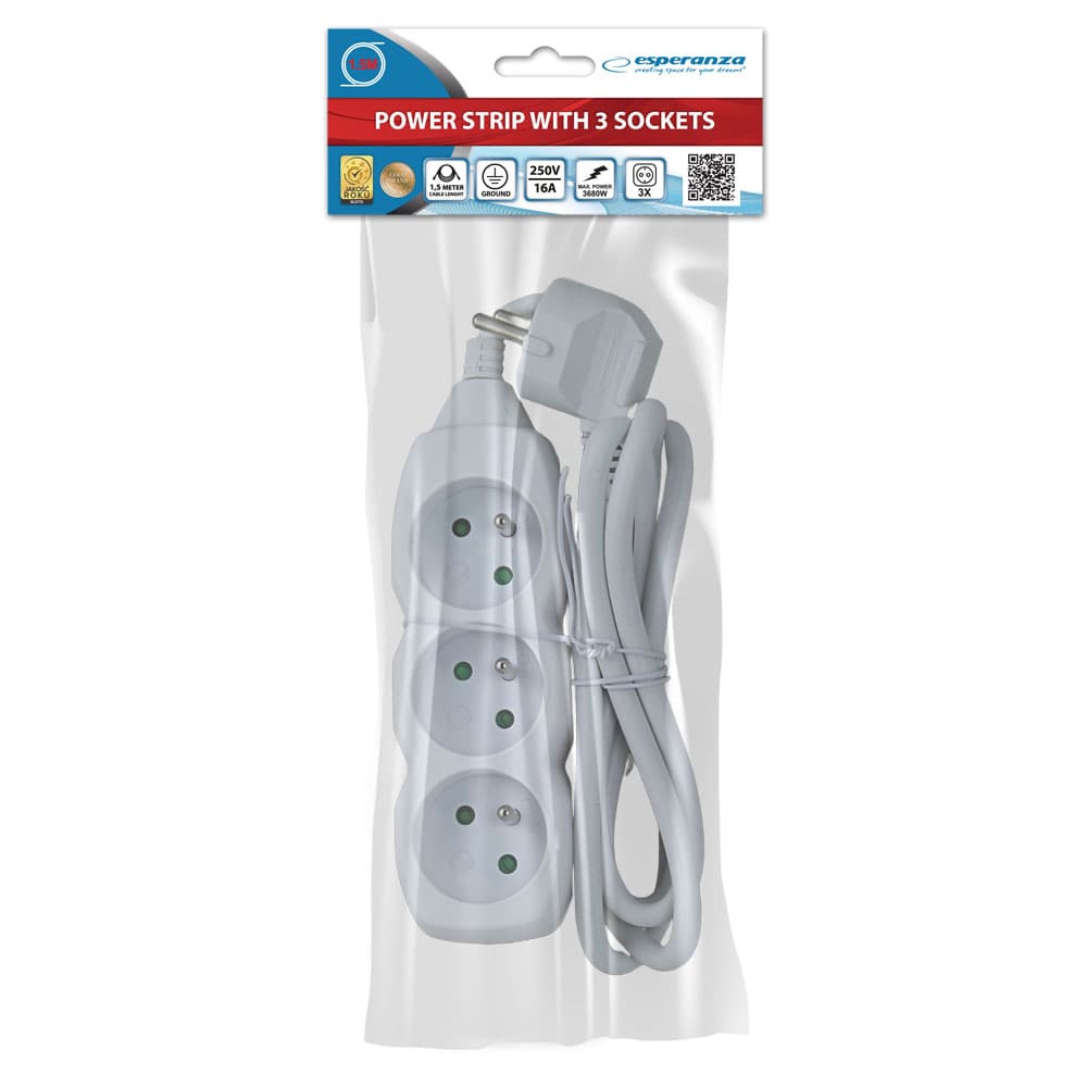 Esperanza napajalni trak 3x 230V, 1.5m bel 6