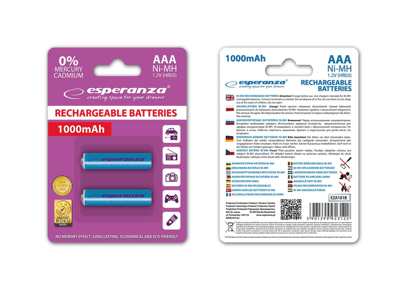 Polnilne baterije Esperanza Ni-MH AAA 1000 mAh, modre, 2 kosa 2