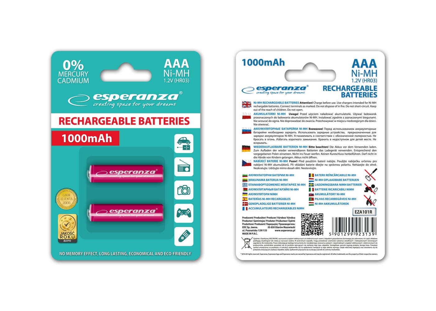 Polnilne baterije Esperanza Ni-MH AAA 1000 mAh, rdeče, 2 kosa 2