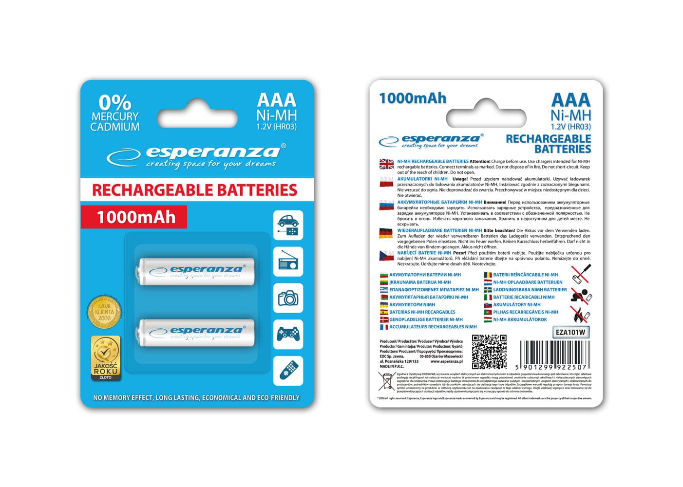 Baterije polnilne Esperanza AAA Ni-MH 1000mAh, 2 kos, bele 2