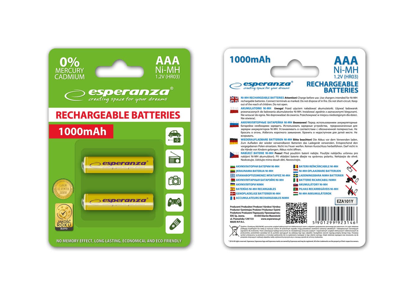 Baterije polnilne Esperanza AAA Ni-MH 1000mAh, 2 kos, rumene 2