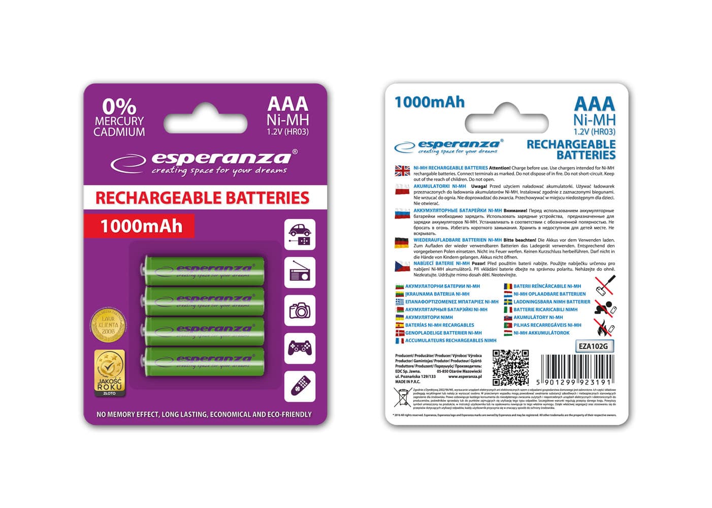 Baterije polnilne Esperanza AAA Ni-MH 1000mAh, 4 kos, zelene 2