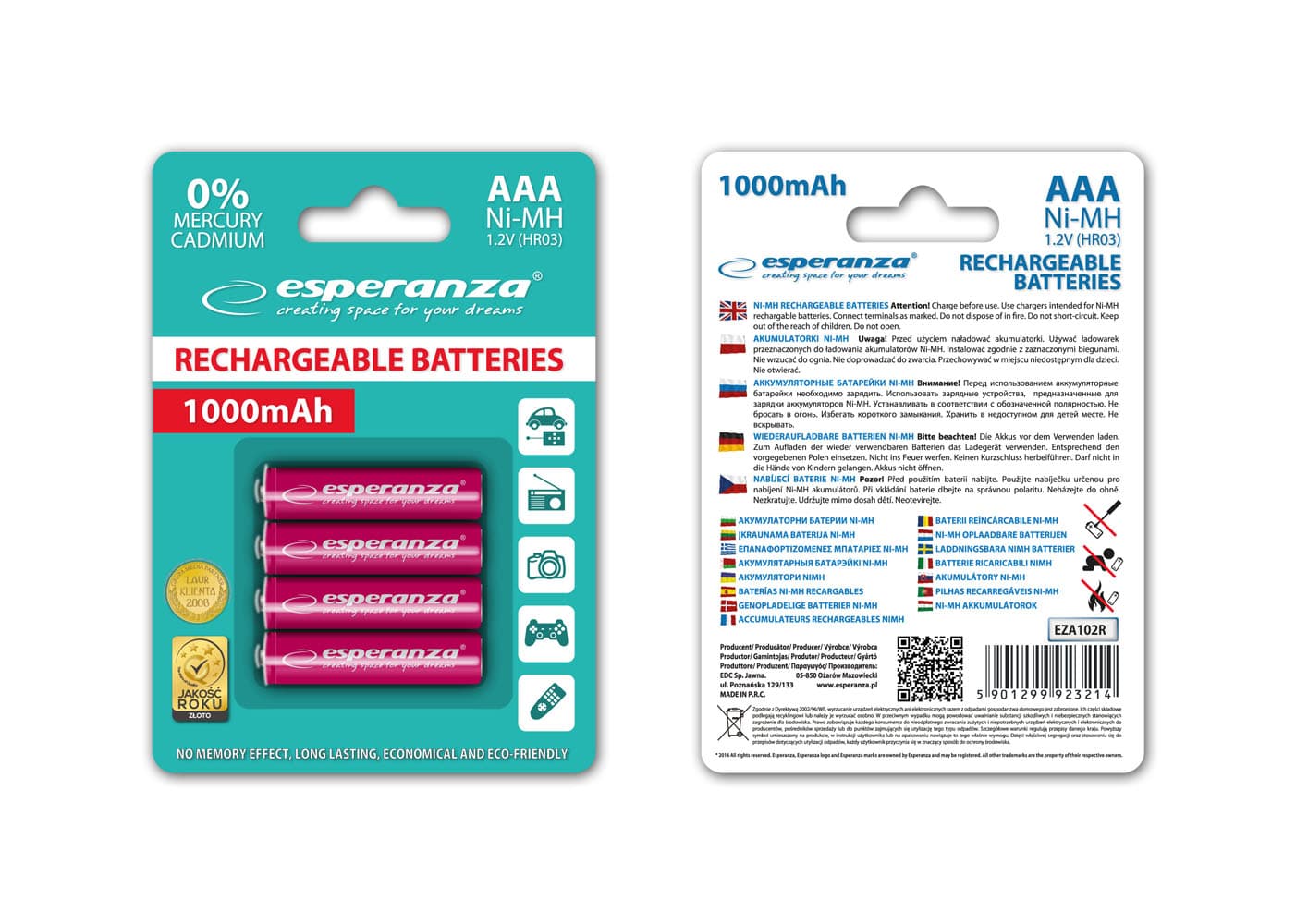 Baterije polnilne Esperanza AAA Ni-MH 1000mAh, 4 kos, rdeče 2