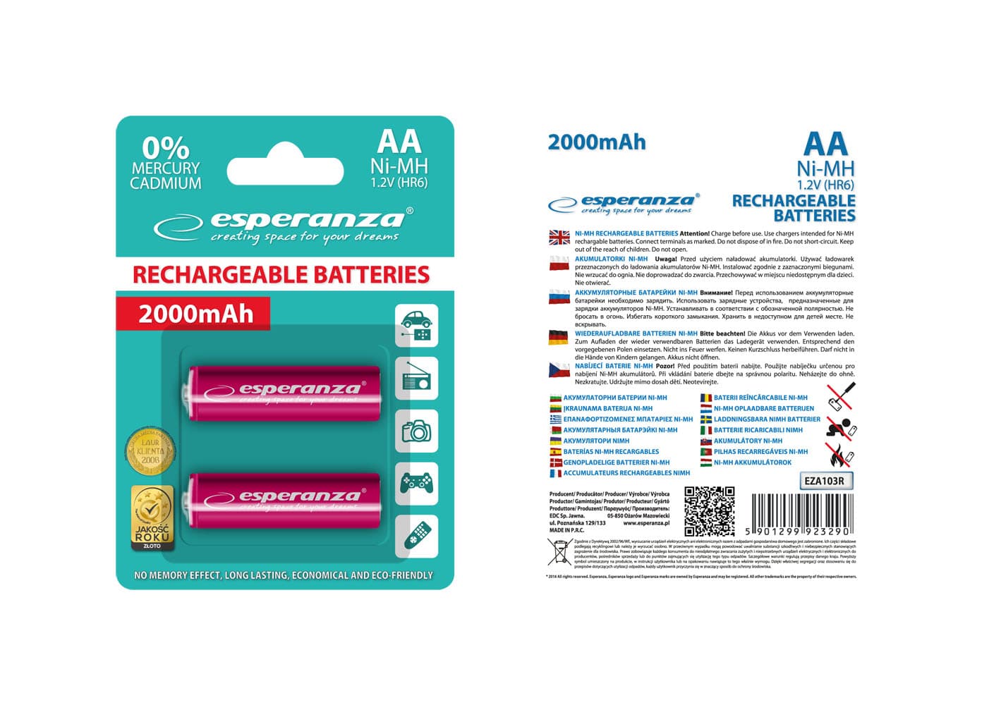 Esperanza AA Ni-MH akumulatorji 2000mAh, 2 kosa, rdeči 2