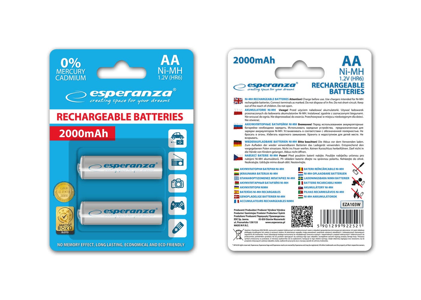 Esperanza EZA103W – Ni-MH AA akumulatorji 2000 mAh, 2 kosa, beli 2