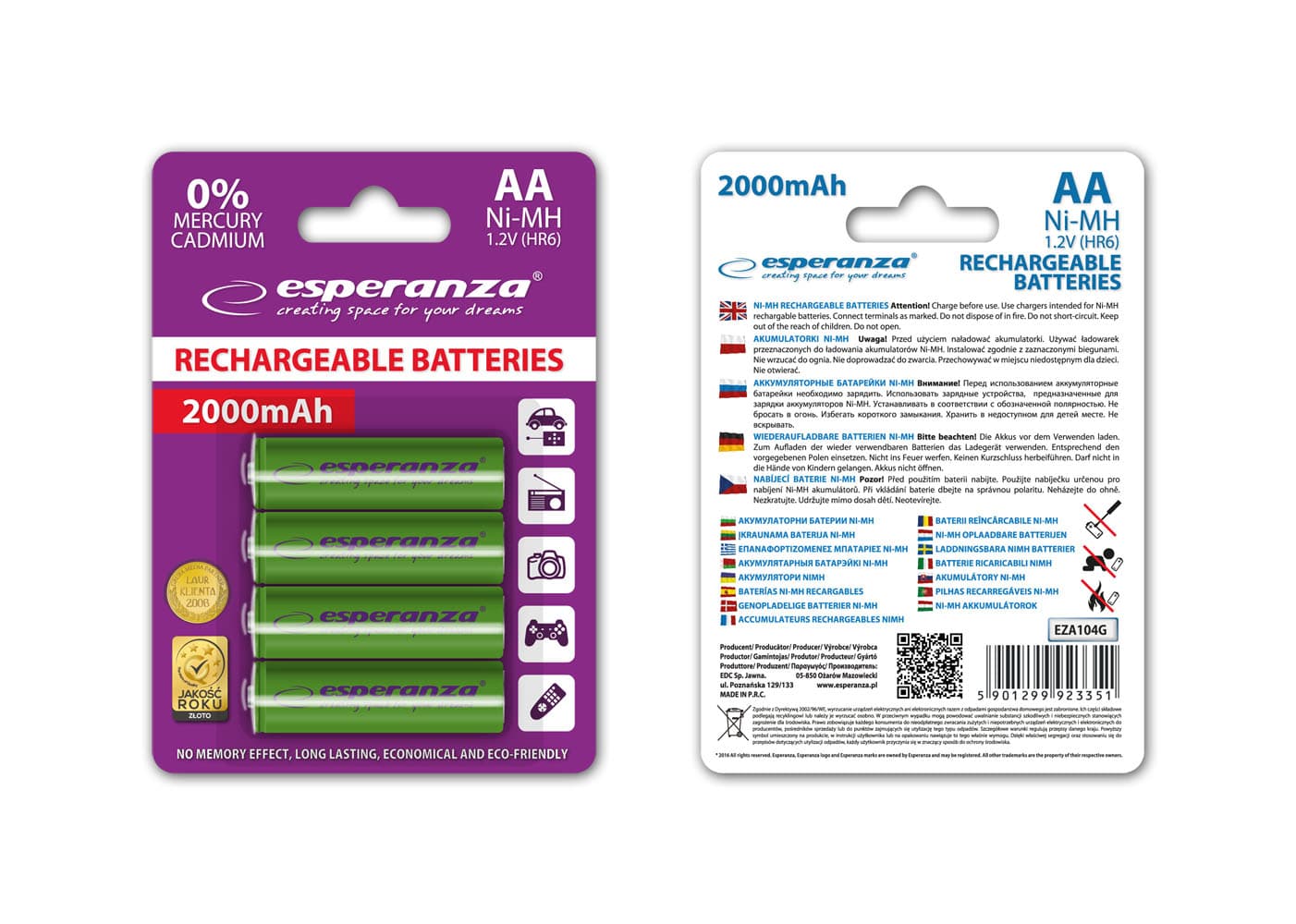 Esperanza EZA104G – Ni-MH AA akumulatorji 2000 mAh, 4 kosi, zeleni 2