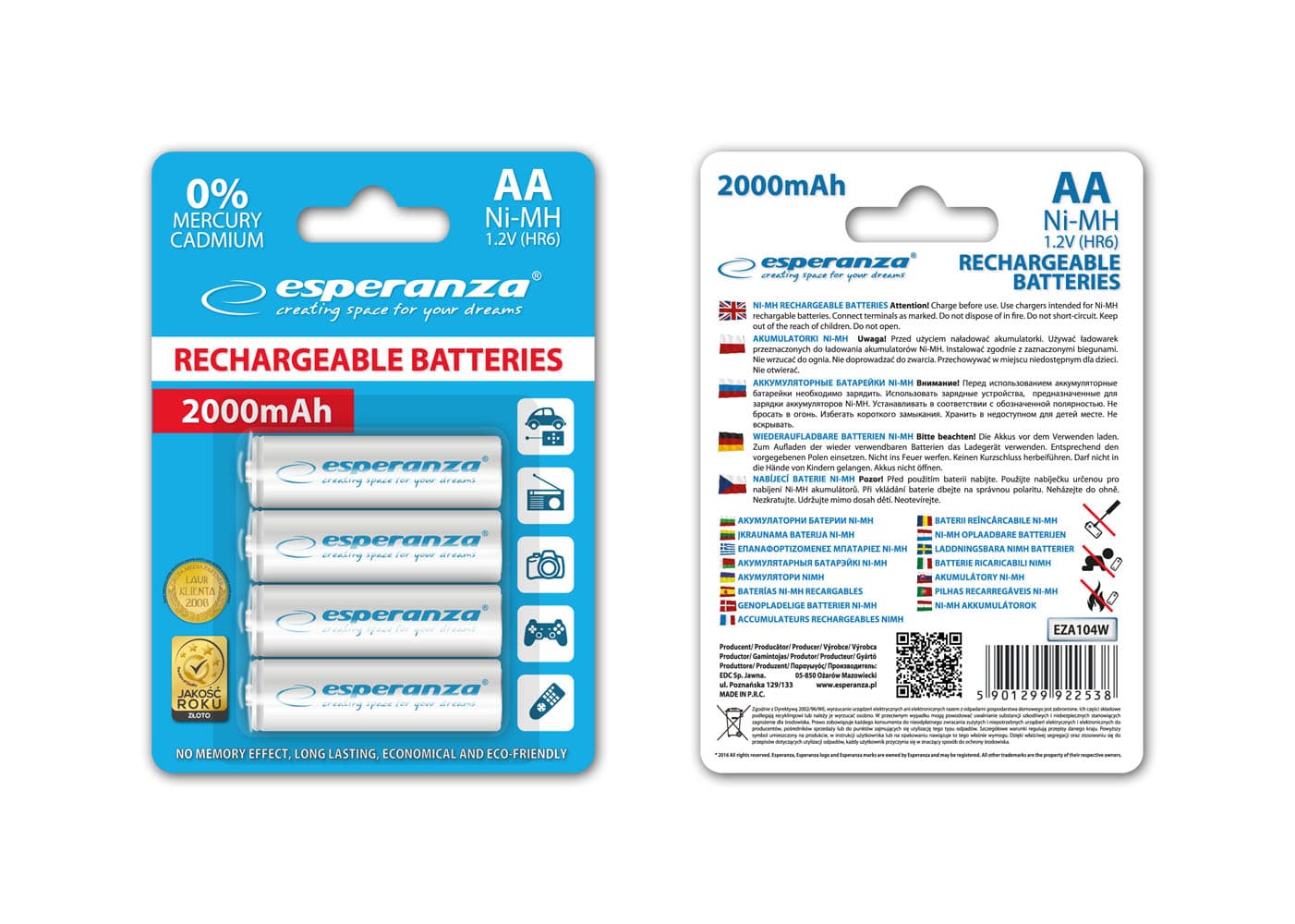 Esperanza EZA104W – Ni-MH AA akumulatorji 2000 mAh, 4 kosi, beli 2