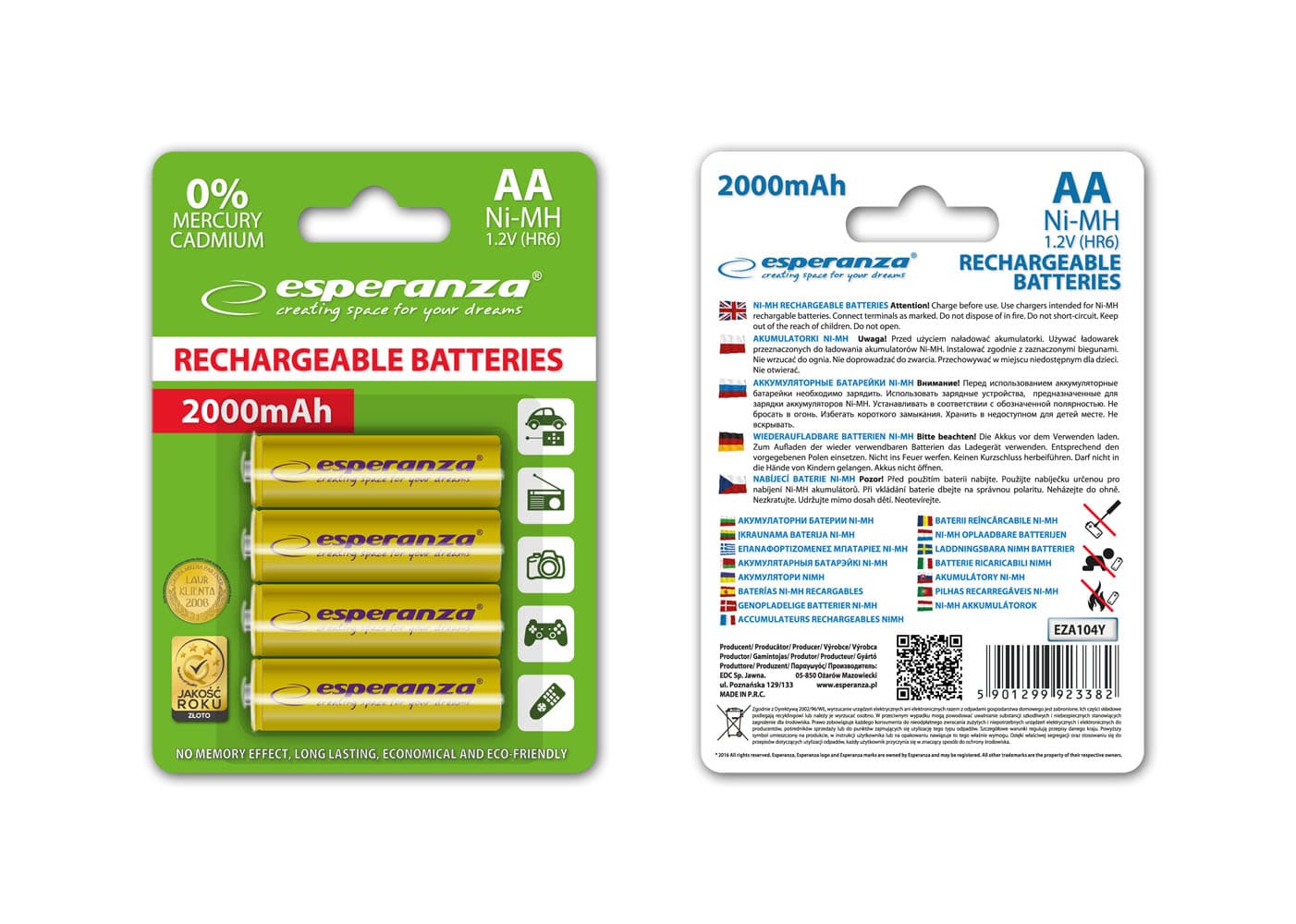 Esperanza EZA104Y polnilne baterije Ni-MH AA 2000mAh, 4 kos., rumene 2