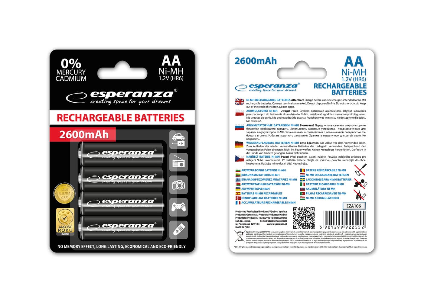 Polnilne baterije Esperanza Ni-MH AA 2600 mAh, črne, 4 kosi 4