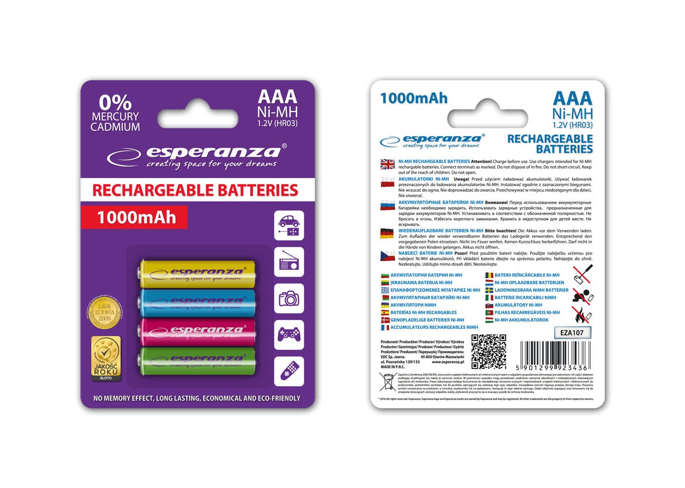Polnilne baterije Esperanza Ni-MH AAA 1000 mAh, mešane barve, 4 kosi 2