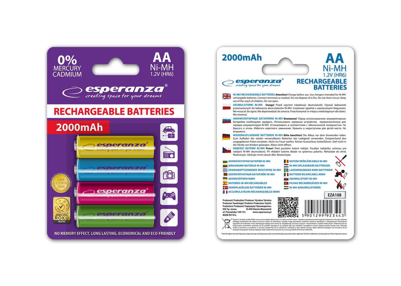 Polnilne baterije Esperanza Ni-MH AA 2000 mAh, mešane barve, 4 kosi 2