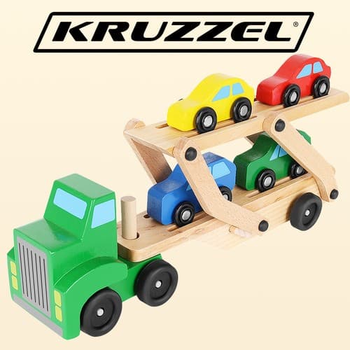 KRUZZEL lesena laweta s 4 avtomobilčki 2