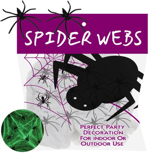 Ruhhy fluorescentna pajčevina z 20 pająki, Halloween dekoracija