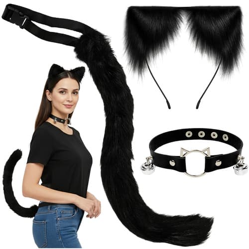 Kostum mačka/lisa, 3-delni, črn, Ruhhy (rep, ušesa, choker)
