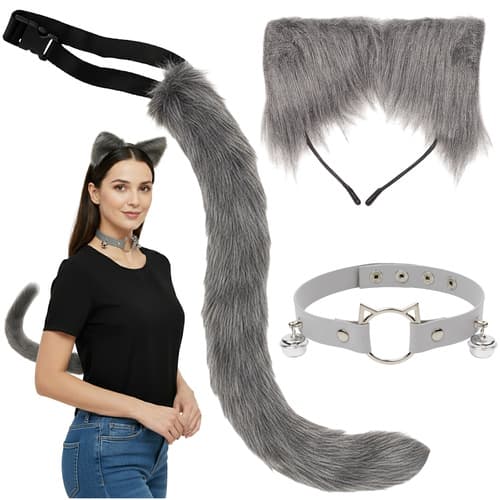 Kostum mačka/lisa, 3-delni, siv, Ruhhy (rep, ušesa, choker)