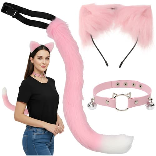 Kostum mačka/lisa, 3-delni, roza, Ruhhy (rep, ušesa, choker)