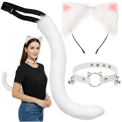 Kostum mačka/lisa, 3-delni, bel, Ruhhy (rep, ušesa, choker)