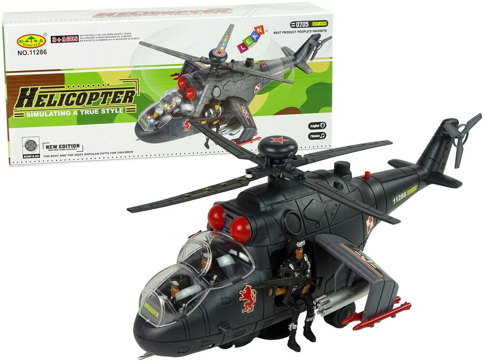 Vojaški helikopter z velikimi krili, luči, črn
