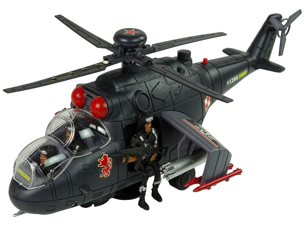 Vojaški helikopter z velikimi krili, luči, črn 2