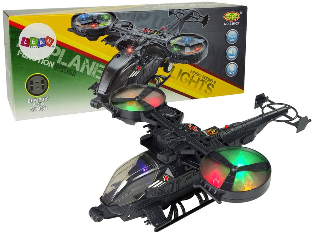 Vojaški helikopter z velikimi krili, luči, zvok
