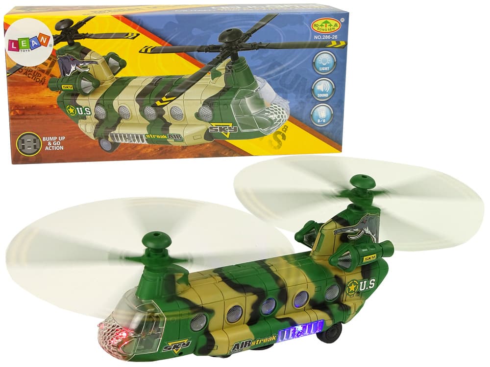 Vojaški helikopter z velikimi krili, luči, zvok, maskirni vzorec