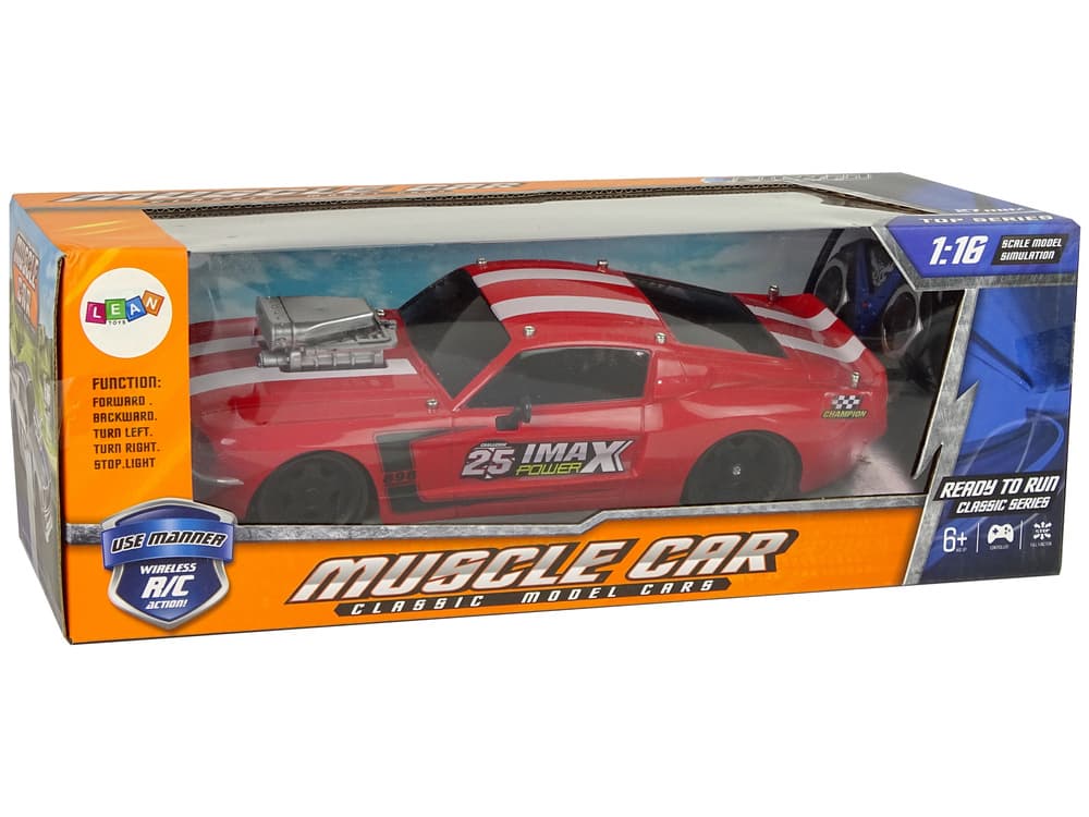 Športni avto R/C 1:16, rdeč, bele črte, pilot 8