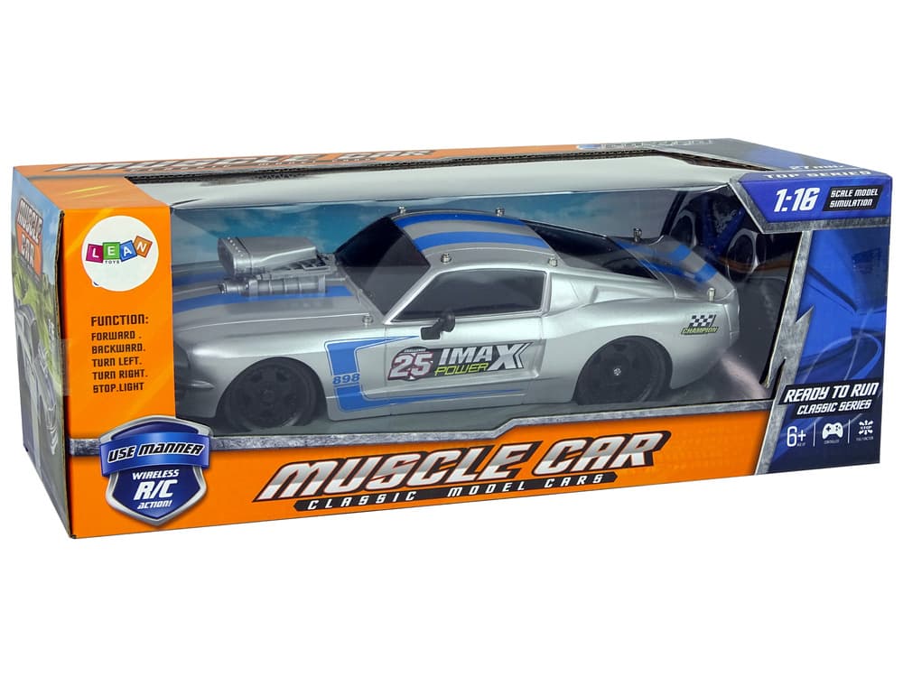 Športni avto R/C 1:16, srebrn, modre črte, pilot 8