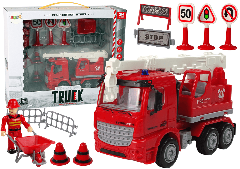 Gasilsko vozilo z dvigalom in znaki (LEAN TOYS)