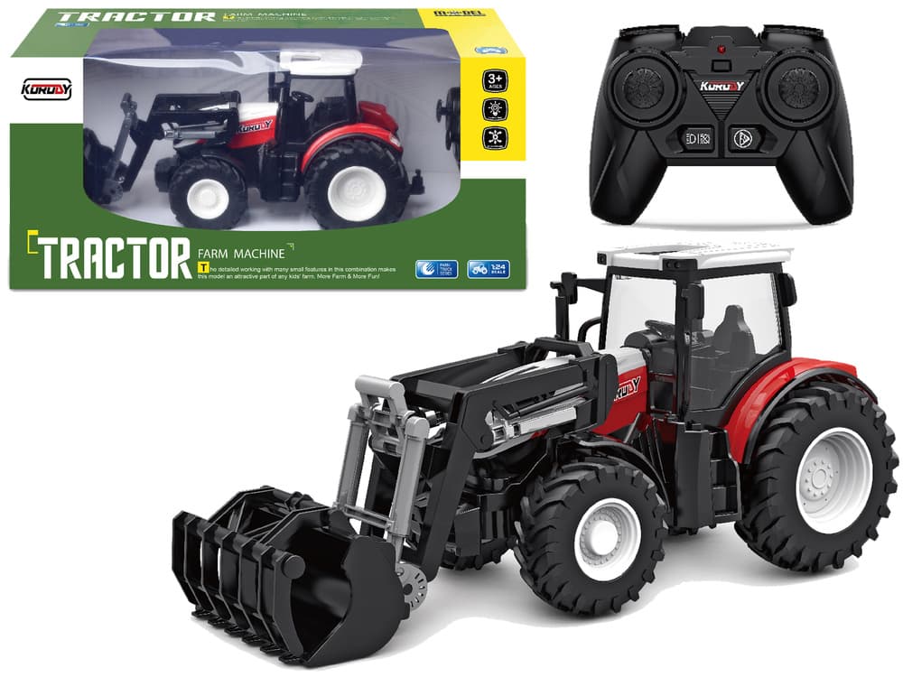 Rdeč traktor na daljinsko vodenje z gibljivo žlico 1:24 (LEAN TOYS)