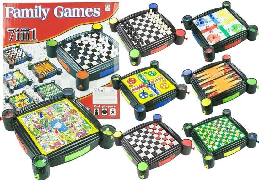 LEAN TOYS Set 7 družabnih iger: Šah, Človek ne jezi se, Kače in lestve