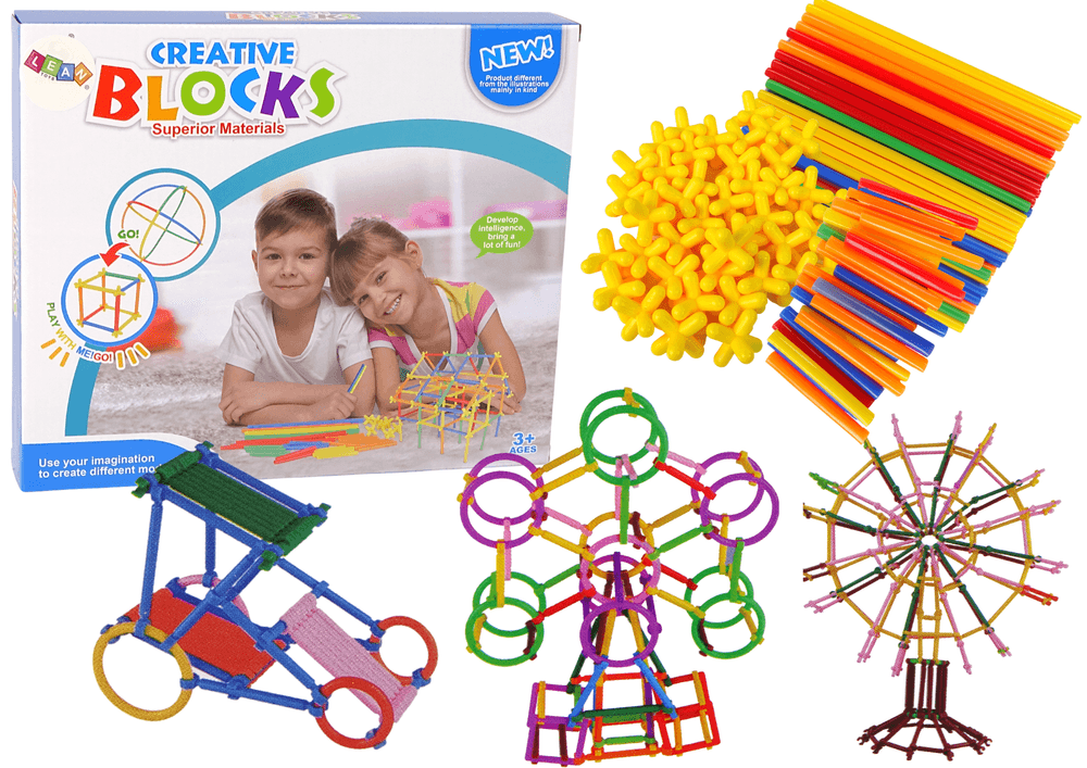 Gradbeni set LEAN TOYS: kocke, paličke in slamice za gradnje