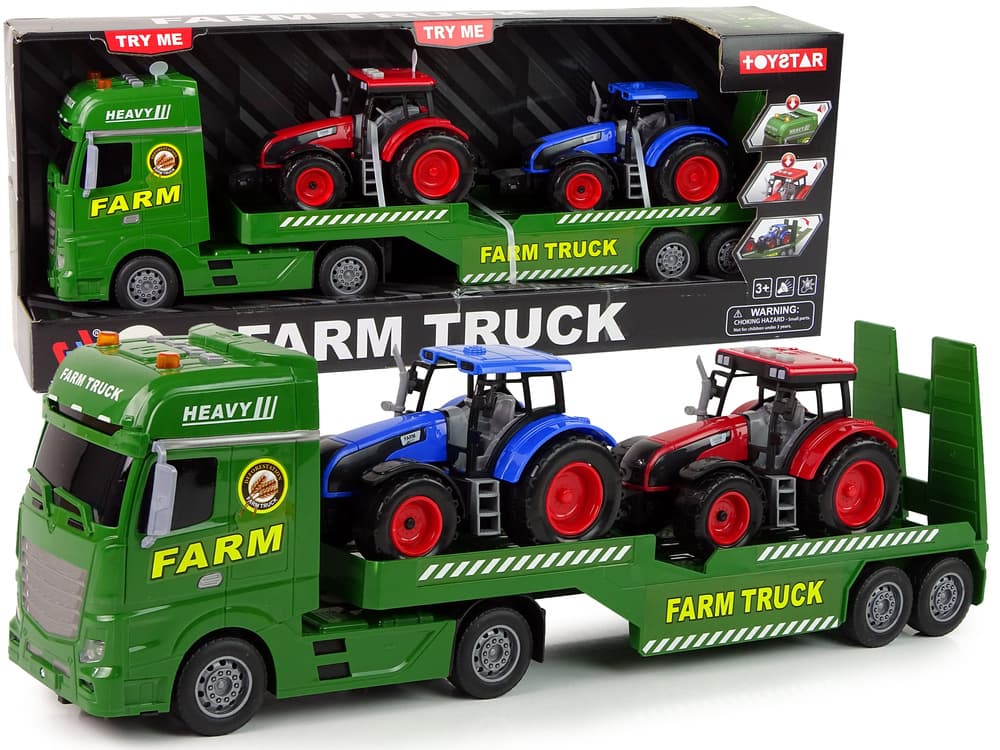 Set vozil LEAN TOYS: Tovornjak z rampo, 2 traktorja, zvoki in luči