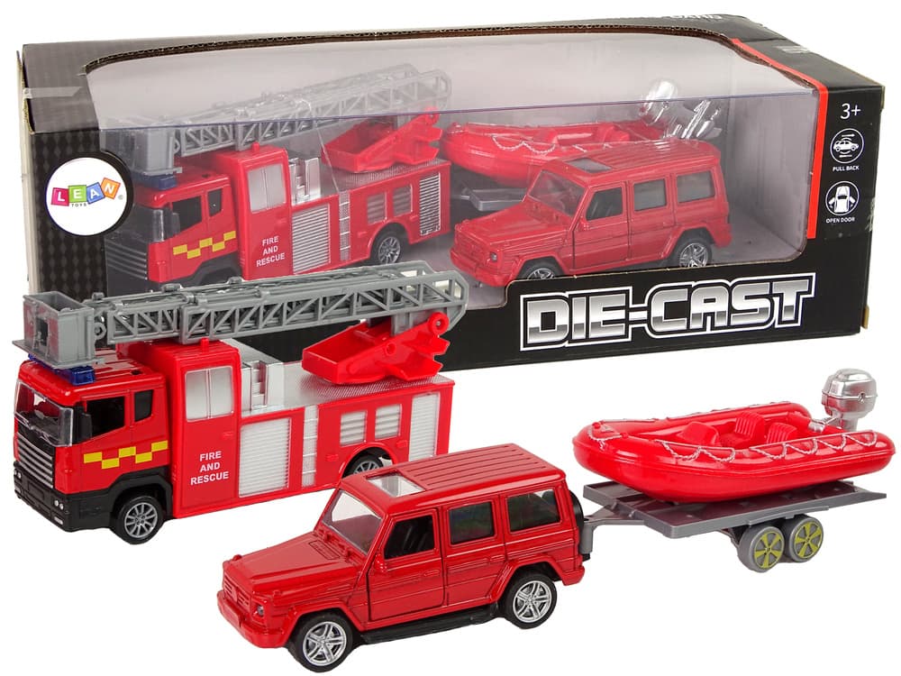 LEAN TOYS Set vozil Gasilci: avto, gasilski avto z lestvijo, čoln