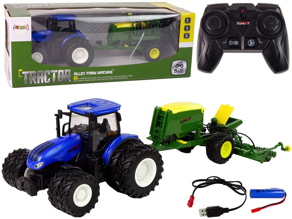 Daljinsko voden traktor LEAN TOYS z balirko, modri, RC 1:24