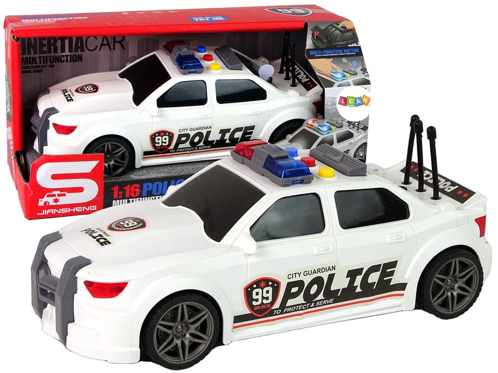 Policijski avto LEAN TOYS, športni, beli, luči in zvoki, odpr. prtl. 1:16
