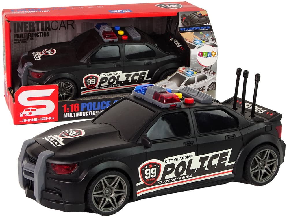 Policijski avto LEAN TOYS, športni, črn, luči in zvoki, odpr. prtl. 1:16