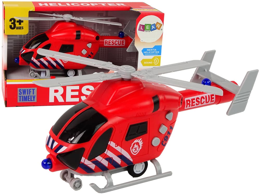 Helikopter LEAN TOYS, gasilci, rdeč, luči, zvoki, prem. krila