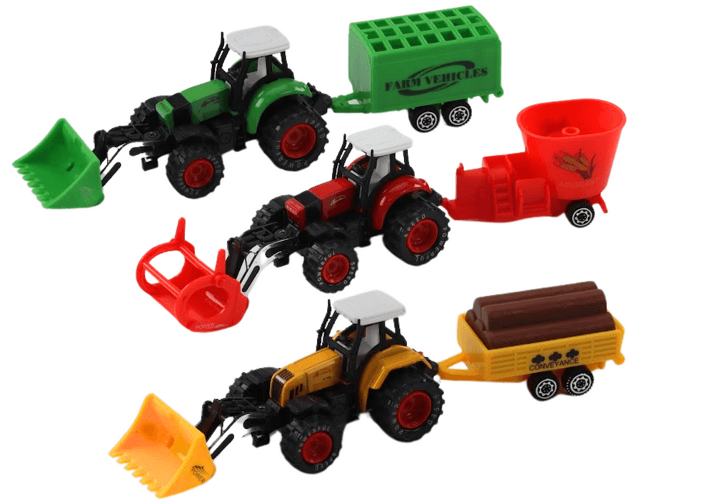 LEAN TOYS Traktor s prikolico, bagerjem in plugom, večbarvni 2