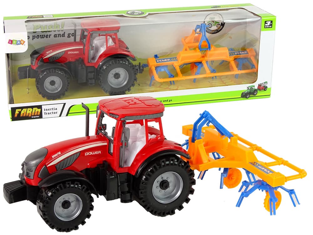 LEAN TOYS Traktor z zgrablajico, rdeč, frikcijski pogon