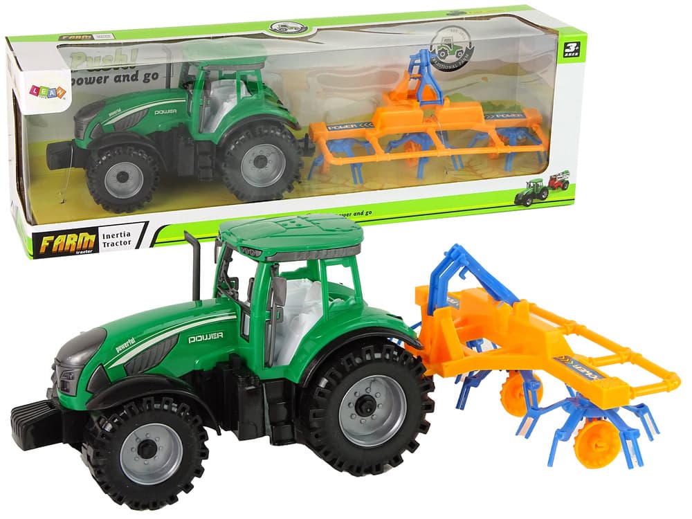 LEAN TOYS Traktor z zgrablajico, zelen/oranžno-modra, 24 cm