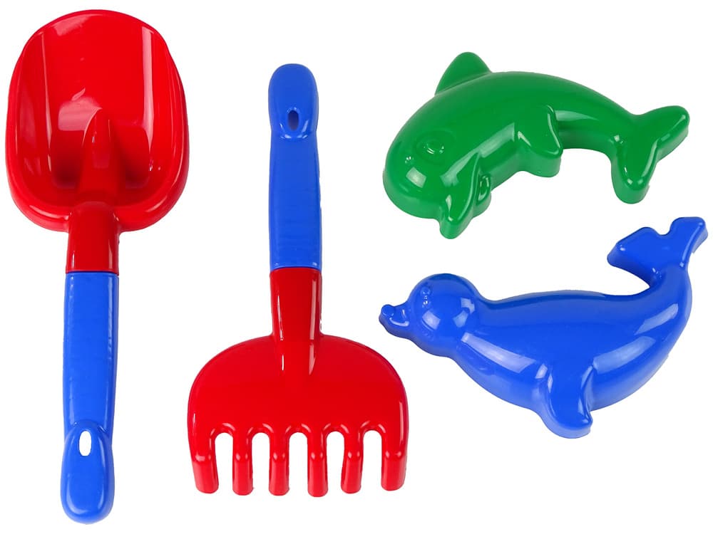 Set za pesek LEAN TOYS, 4 deli: lopatka, grablje, 2 modelčka