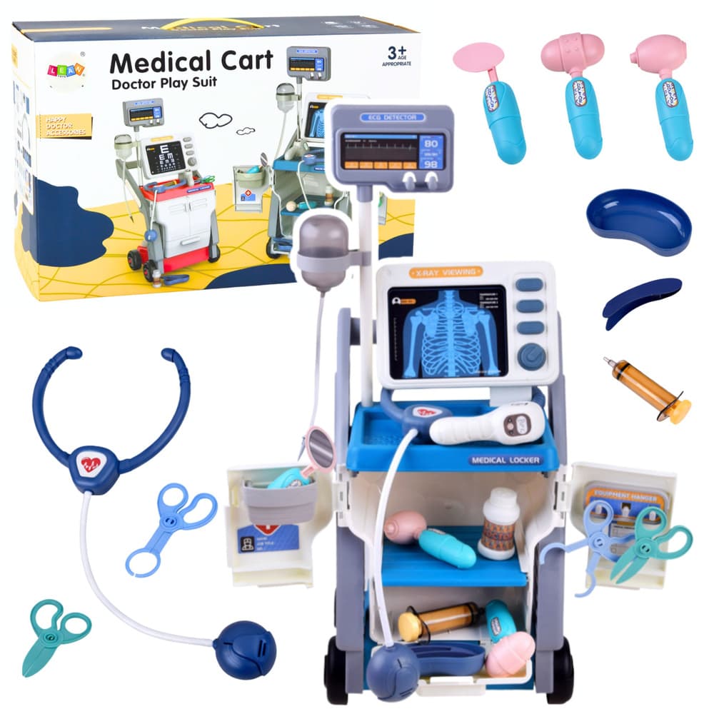 LEAN TOYS Mali doktorjev komplet z vozičkom, RTG, EKG, lučmi, modri