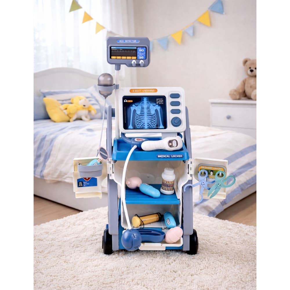 LEAN TOYS Mali doktorjev komplet z vozičkom, RTG, EKG, lučmi, modri 3