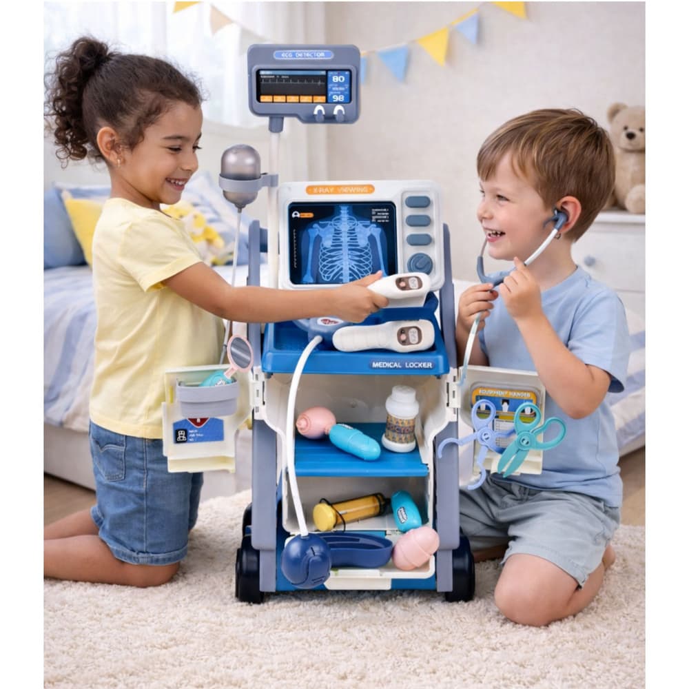 LEAN TOYS Mali doktorjev komplet z vozičkom, RTG, EKG, lučmi, modri 5
