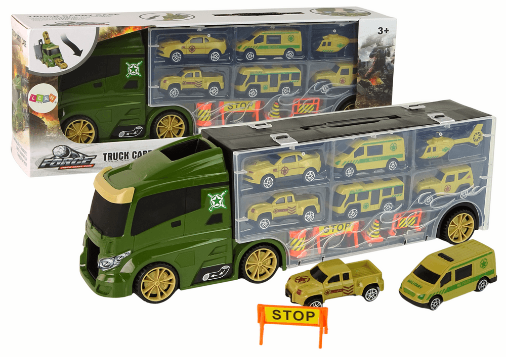 Vojaška transportna prikolica LEAN TOYS z avtomobilčki in znaki
