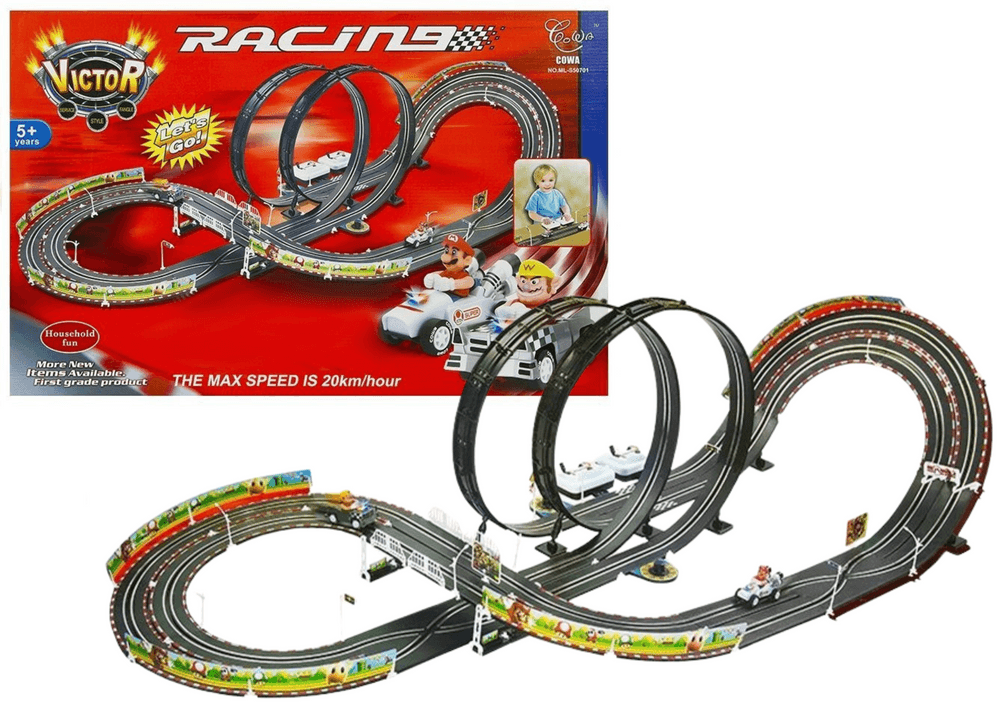 LEAN TOYS Dirkaška proga 452 cm z 2 avtomobilčkoma in zankama